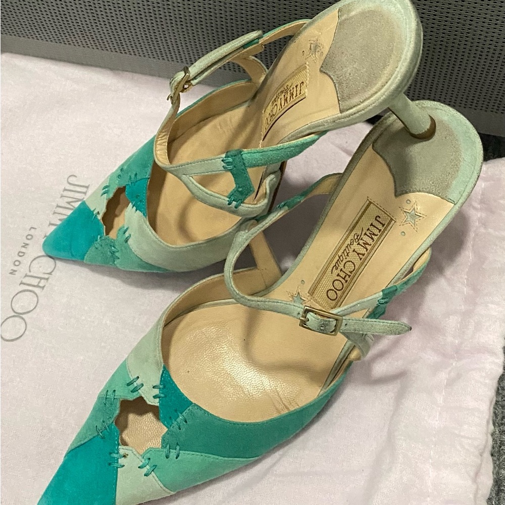 JIMMY CHOO HEELS (boutique addition). Turquoise/green, SZ 38 us SZ 7 1/2.
